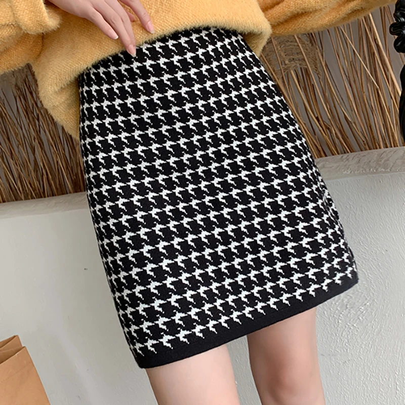 

2020 Winter Casual A Line Houndstooth Women Knitted Skirt Mini High Waist Plaid Skirt Falda Cuadros Checkered Jupe Taille Haute