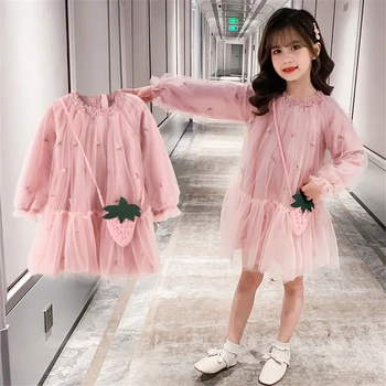 

Autumn 2020 magnificent children's dress tulle Long sleeve Floral toddler girl dresses with bag Princess dress White Pink 4-14T