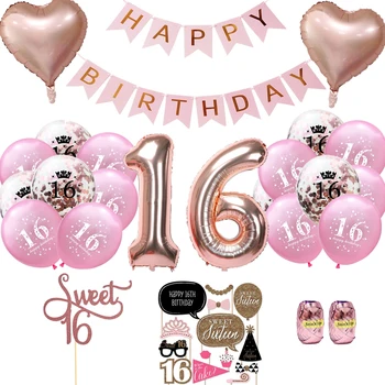 

Amazon Hot New Pink Rose Gold Sweet 16 Balloons Birthday Banner Photo Booth Props for Girl 16th Birthday Party Favor Supplies
