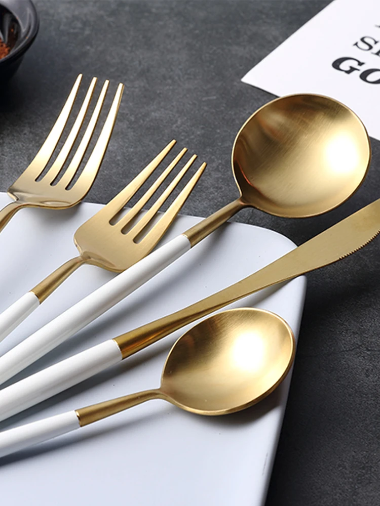 

4PCS/Set White Gold Tableware Set Stainless Steel Dinnerware Silverware Flatware Set Dinner Knife Fork Spoon Chopsticks