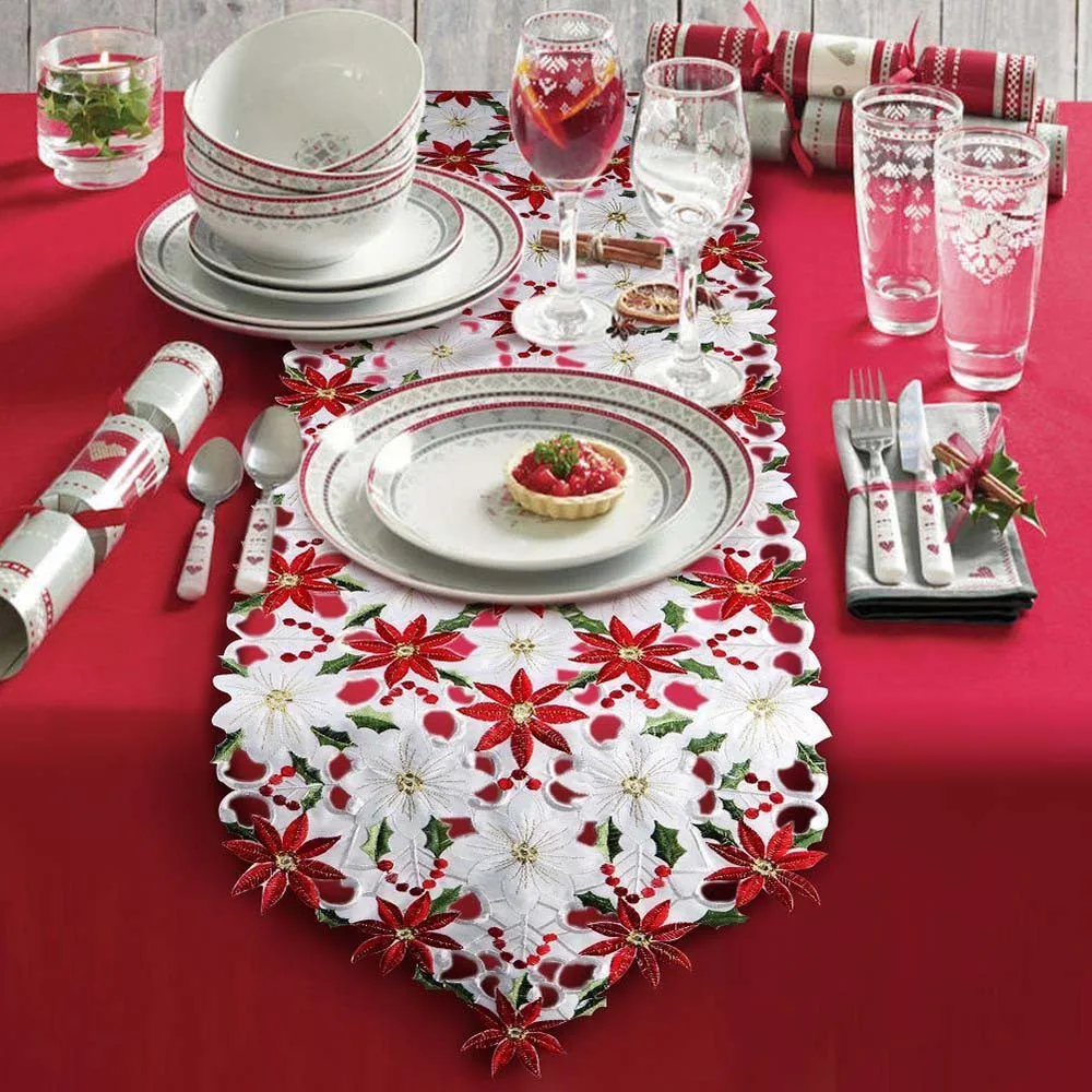 Christmas Embroidered Table Runner Poinsettia Holly Leaf Table Linens Decoration Home table dinner Decor