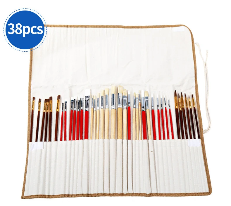 38 Pcs Paint Brushes Set with Canvas Bag for Oil Acrylic Watercolor Painting Long Wooden Handle Multifunction Brush Art Supplies