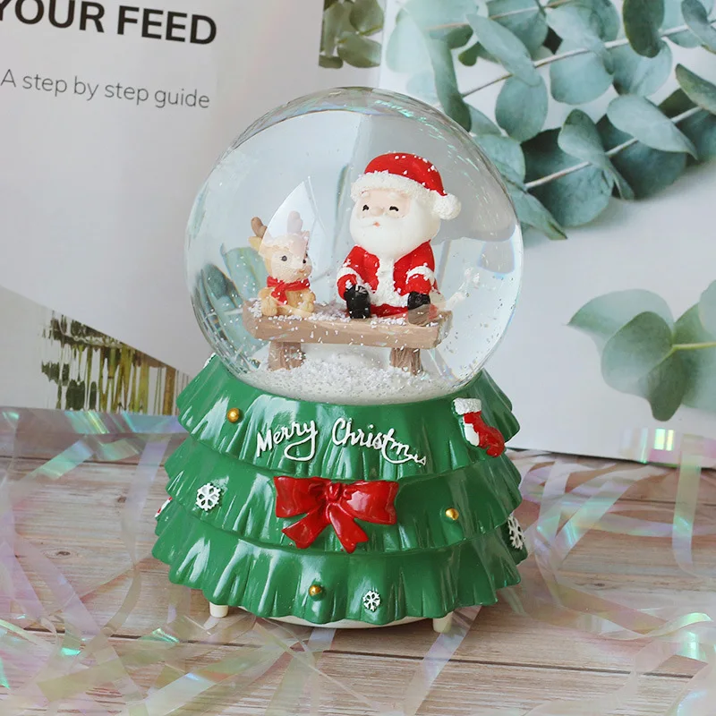 Creative Christmas Tree Base Crystal Ball New Year Gifts Santa Claus Snowman Figurine Music Box Room Decor Ornament Decoration