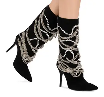 

new arrive fashion woman black suede leather pointed toe metal chain tassel knee high boots woman rhinestone chain tassel boots
