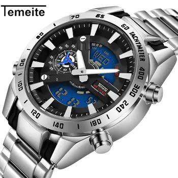 

TEMEITE Dual Time Quartz Mens Watches Top Brand Luxury Golden Digital Clock 2 Time Zone Date Week Display Full Steel Wrist Watch