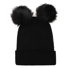 Женская шапка, сезон осень-зима, мягкая, вязаная, из искусственного меха, с двойным шариком, одноцветная, для девочек, теплая, бини с помпоном