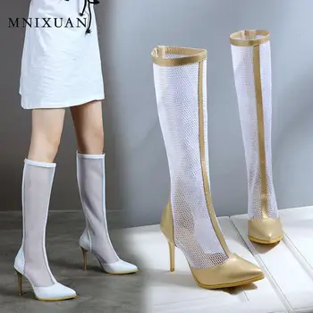 

MNIXUAN Handmade shoes woman boots sandals shoes 2020 spring summer new pointed toe mesh zipper knee high boots white size 47