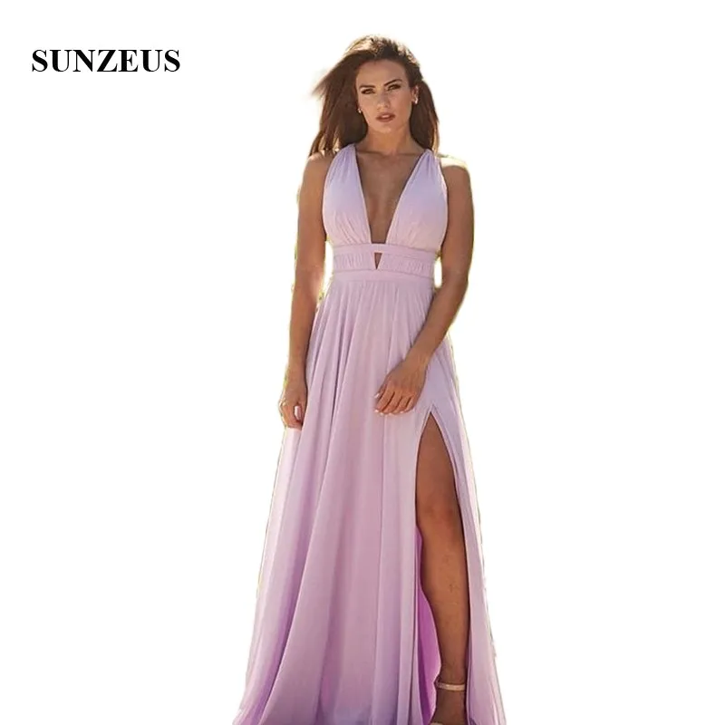 

Deep V Neck Sexy Long Evening Dress Gowns Pink Chiffon A-Line Simple Weddding Party Dress for Women Leg Slit Prom Gowns Backless