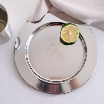 

Silver 304 Stainless Steel Plate Breakfast Milk Fruit Juice Storage Tray Creative Letter Round Dish Durable Metal Plate 1PCS
