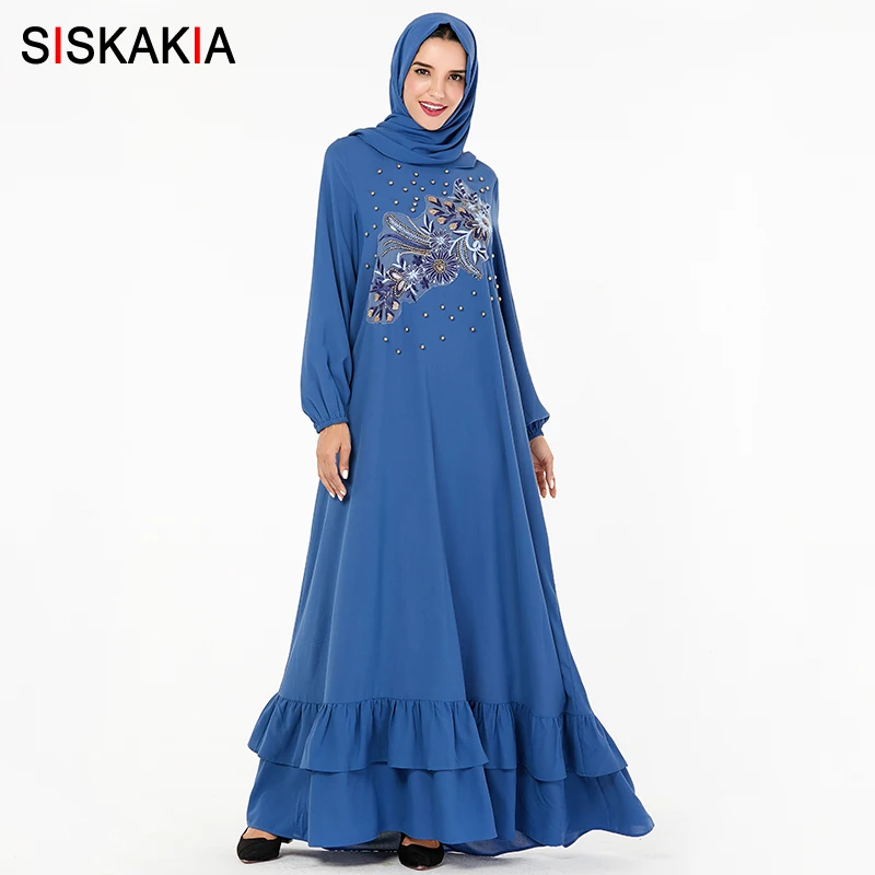 Siskakia мусульманское абайя платье размера плюс синее вышитое блестками длинное платье с рукавом-фонариком Двухслойный дизайн с оборками