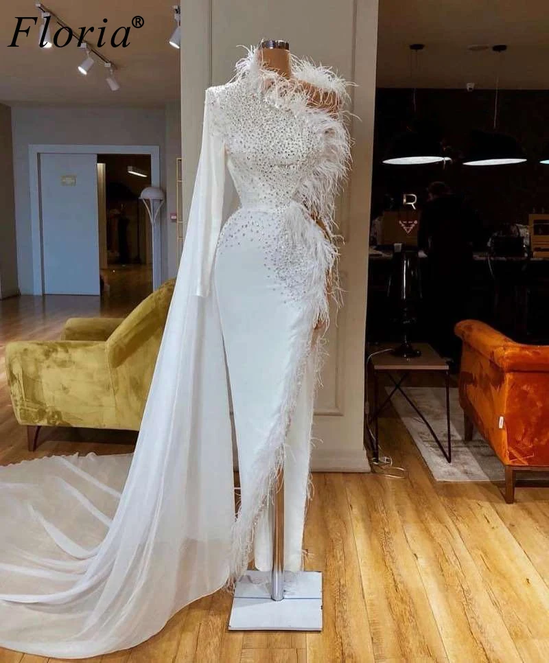 Fashion Couture White Dubai Prom Dresses With Cape Arabic Beading Cocktail Woman Party Night One Shoulder Celebrity Gown | Свадьбы и