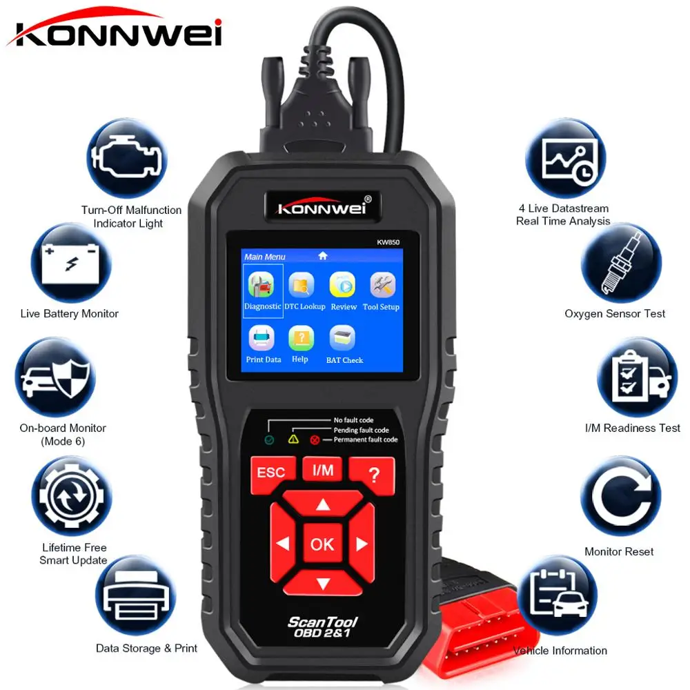 Comprar KONNWEI KW850 OBD2 escáner de diagnóstico automático Universal OBD herramienta de diagnóstico de coche ODB2 comprobar motor automotriz lector de código de coche negro