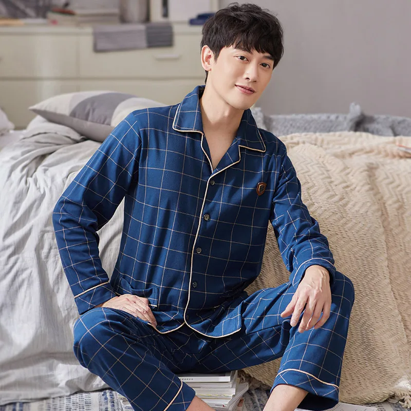 New Winter 100% Cotton Pajamas for Men Bedroom Lounge Sleepwear Pyjamas Plaid Gray Home Clothes PJs Man's Pijama Hombre Invierno
