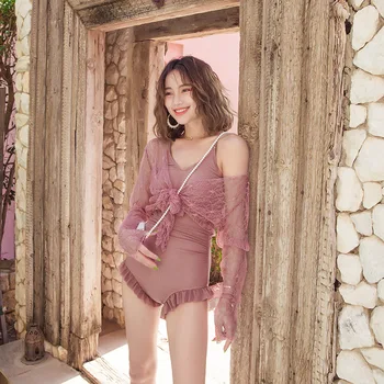 

One Piece Swimsuit Female Swimwear Women Swimsuits Sports Jumpsuit Ins Falbala Sexy Silk Swim Polyester Solid Swimsuit Fused