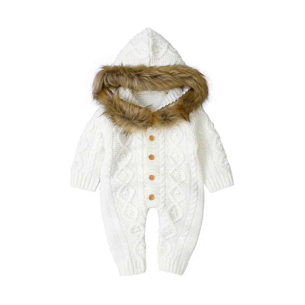 Осенне-зимний вязаный свитер для маленьких мальчиков и девочек; комбинезон с капюшоном и воротником из искусственного меха; теплая одежда для маленьких мальчиков; комбинезон; спортивный костюм
