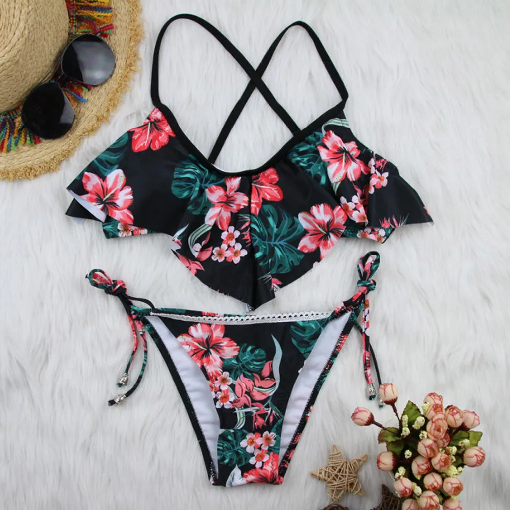 

JAYCOSIN Straps Suspenders Ruffled Swimwear Women Elegant Retro Print Bikini Beach Bathing Backstroke Low Waist Swimsuit Fashion