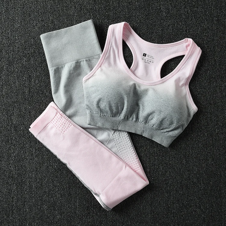 Gray pink Комплект из 2 предметов, комплект для занятий йогой с эффектом омбре, женская спортивная одежда, спортивный бюстгальтер и леггинсы, Женская Спортивная одежда для занятий спортом, Женский костюм для фитнеса - Цвет: Gray pink