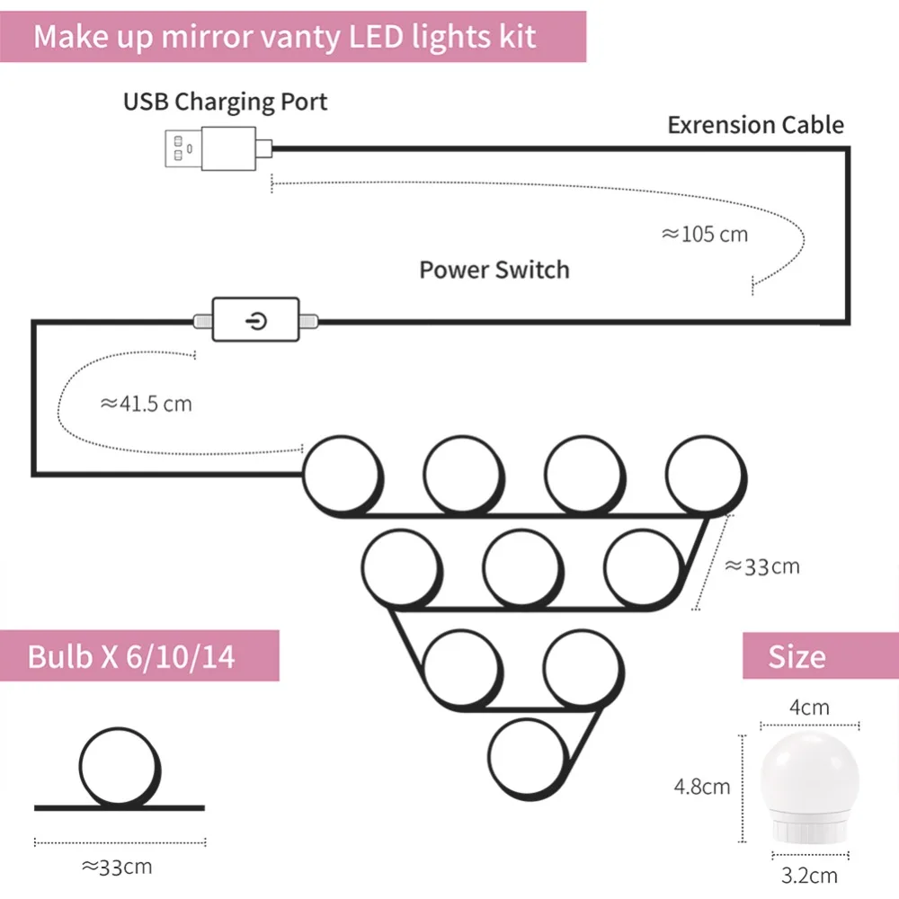 Светодиодный зеркало для макияжа с подсветкой лампочка голливудская группа ламп Плавная регулировкая яркости USB настенная лампа 6 10 14 лампочек комплект для туалетного столика