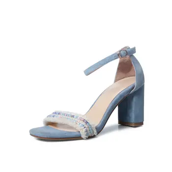 

Summer New Euro Style Fashion Casual Women suede Leather Sandals Mixed Colors Open Toe Thick Heel Ankle Strap Shoes Woman