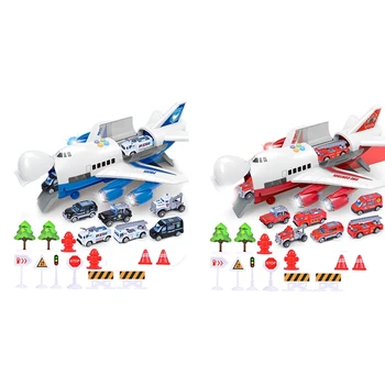 

2set Music Story Simulation Track Inertia Aircraft Storage Passenger Plane Police Fire Rescue Baby Boy Toy Car,Red& Blue
