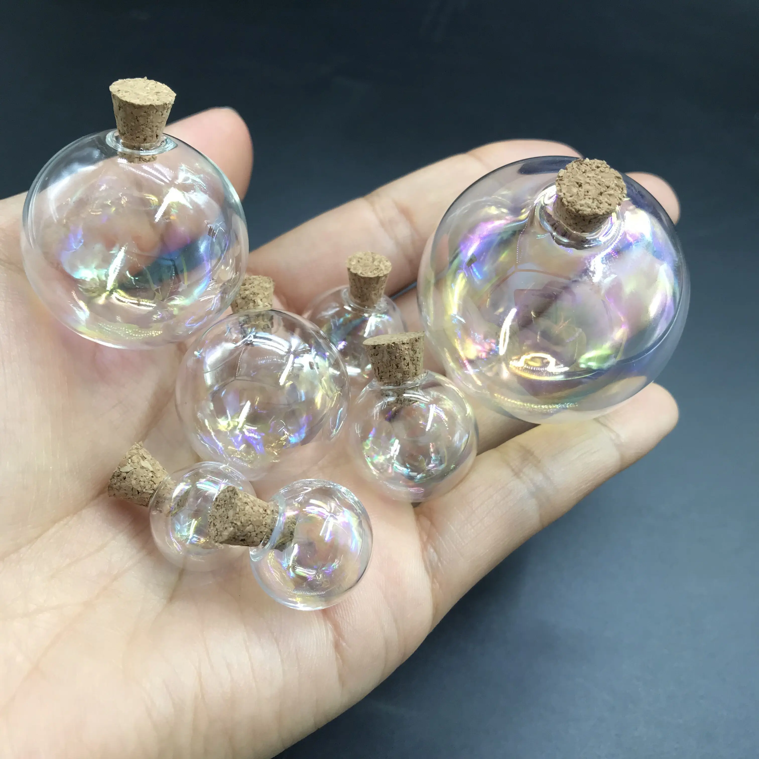 3pcs 14-40mm Rainbow glass round ball bottle with cork glass vial pendant necklace perfume oil globes dome wedding decor