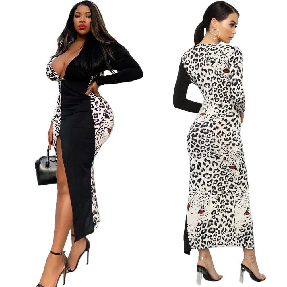 

BacklakeGirls 2019 New Arrival Sexy Deep V Neck Full Sleeve Leopard Printing Contrast Color Evening Dress Robes De Soiree Longue