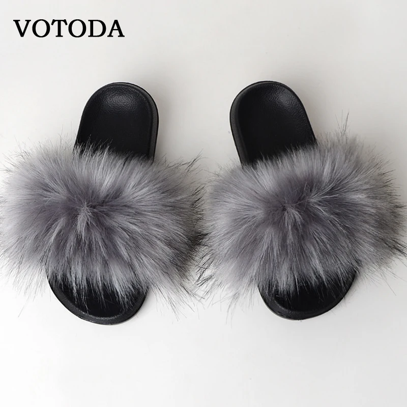 US $10.49 New Fluffy Faux Fur Slides Women Fur Slippers Furry Raccoon Sandals Fake Fox Fur Flip Flops Home Fuzzy Woman Casual Plush Shoes