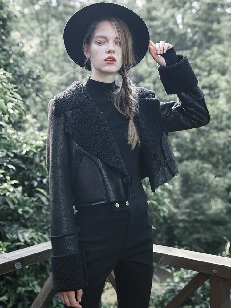 

PUNK RAVE Dark Slim Cardigan Jacket Women Short Designer Functional Wind Lapel Black Long Sleeve Top Autumn