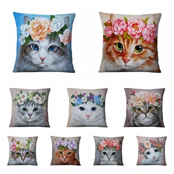 

Cute Meow Cushion Decorative Pillow Cat With Flowers Thin Linen Pillowcase Cushionshome Decor Sofa Throw Pillow Cats Cushions