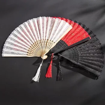 

High Quality Folding Fans Hollow Lace Chinese Style Dance Wedding hand fan Held Flowers Fans decorative party favors Black/White