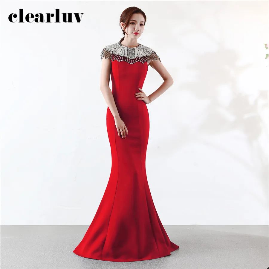 

Women Beading Evening Gown Plus Size Elegant Formal Long Dresses with Pearls DX378 Red O-Neck Crystal Mermaid Evening Dress 2020