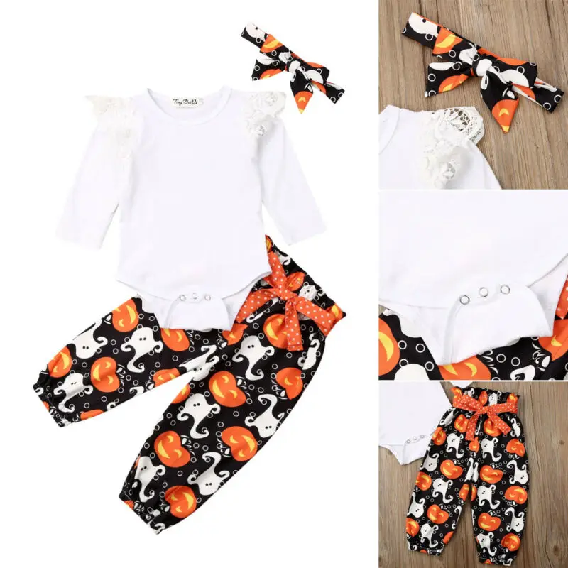 Newborn Baby Girl Boy Halloween Pumpkin Costume Long Sleeve Romper Ghost Pants Headband Outfits