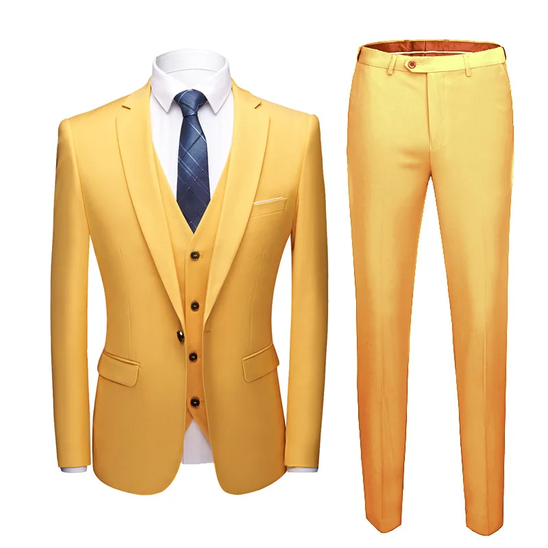 Shenrun мужские костюмы бизнес 3 шт. брюки с жилеткой обтягивающий официальный Повседневный Модный свадебный костюм для выпускного вечера сплошной цвет - Цвет: Yellow 918