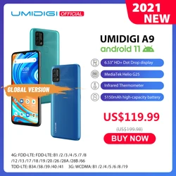 UMIDIGI A9 Android 11 глобальная версия 13MP AI тройной Камера, 3 Гб оперативной памяти, 64 ГБ Helio G25 Octa Core 6,53 дюймHD + 5150 мА/ч, мобильный телефон предпродажа