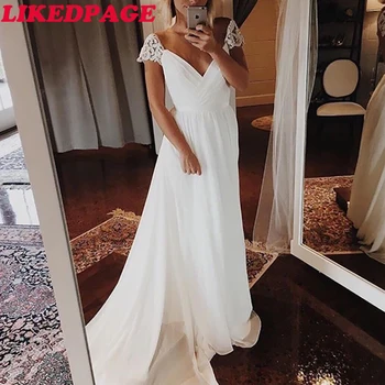 

LIKEDPAGE Cap Sleeves Wedding Dress 2020 V Neck Chiffon Appliques Backless Beach Bridal Dress Cheap High quality Wedding Gowns