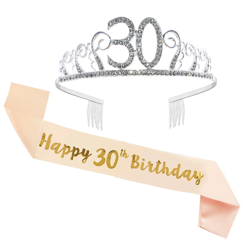 Gold Silver Glitter Birthday Sash Rhinestone Tiara 18th Crystal Crown Birthday Queen Satin Ribbon Sash For Birthday Party Decor