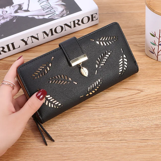 Women's Hollow Golden Leaf Buckle Wallet Female Long Zipper Coin Purses Ladies Multifunction Card Holder Clutch Money Bag Black