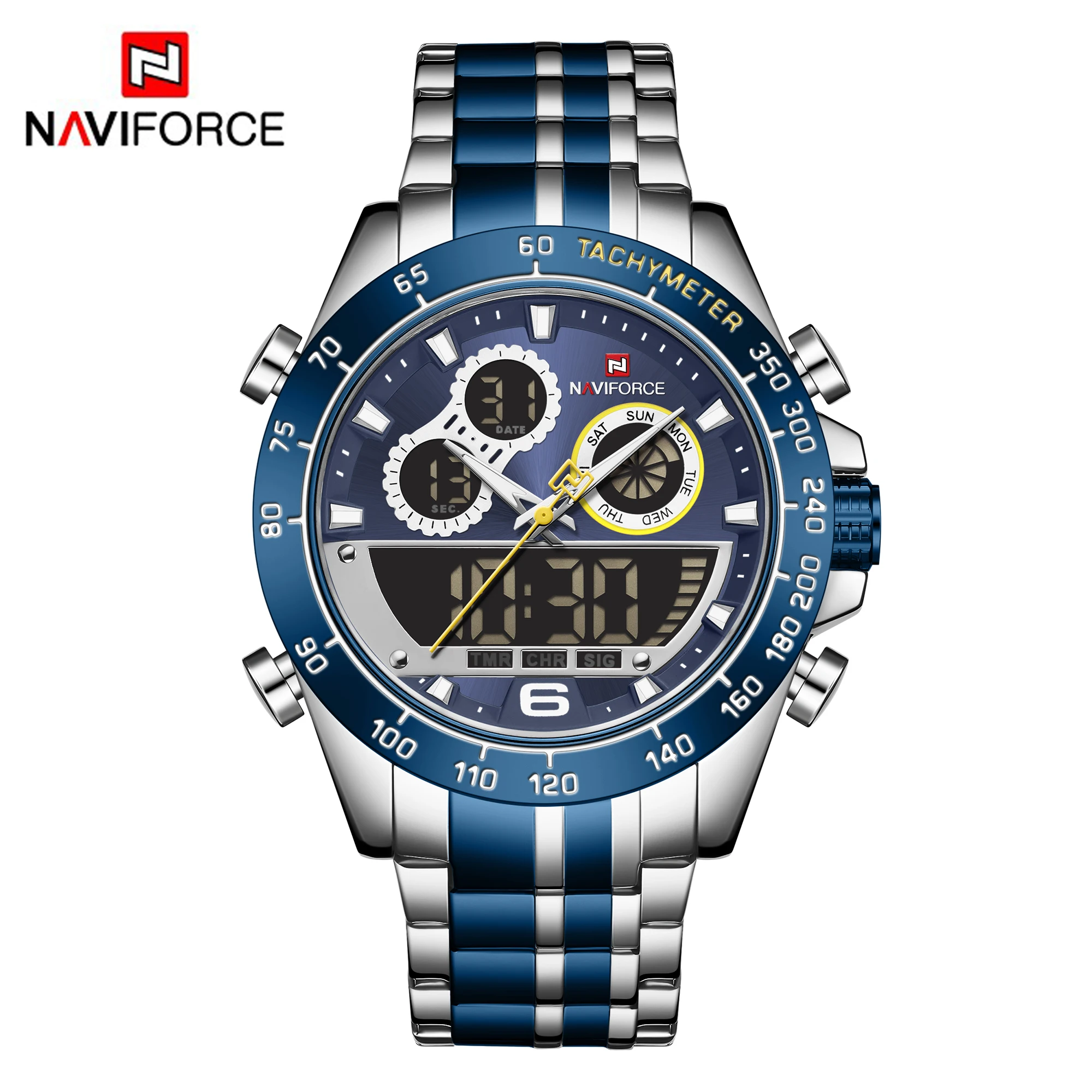 

NAVIFORCE Men Watch Chronograph Sport Clock Dual Display Quartz Analog Digital 3ATM Waterproof Wristwatch Black 46mm New 2020