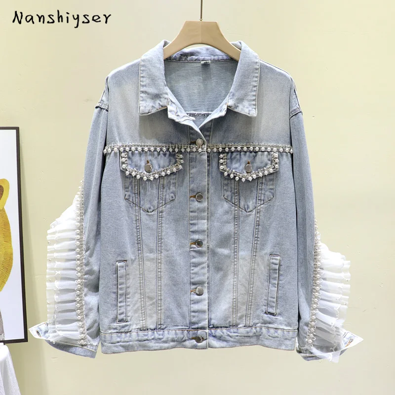 

Harajuku Jean Jacket Women 2020 Autumn New Loose Pearl beaded lace Splicing Vintage Washed Light blue denim jacket ropa de mujer