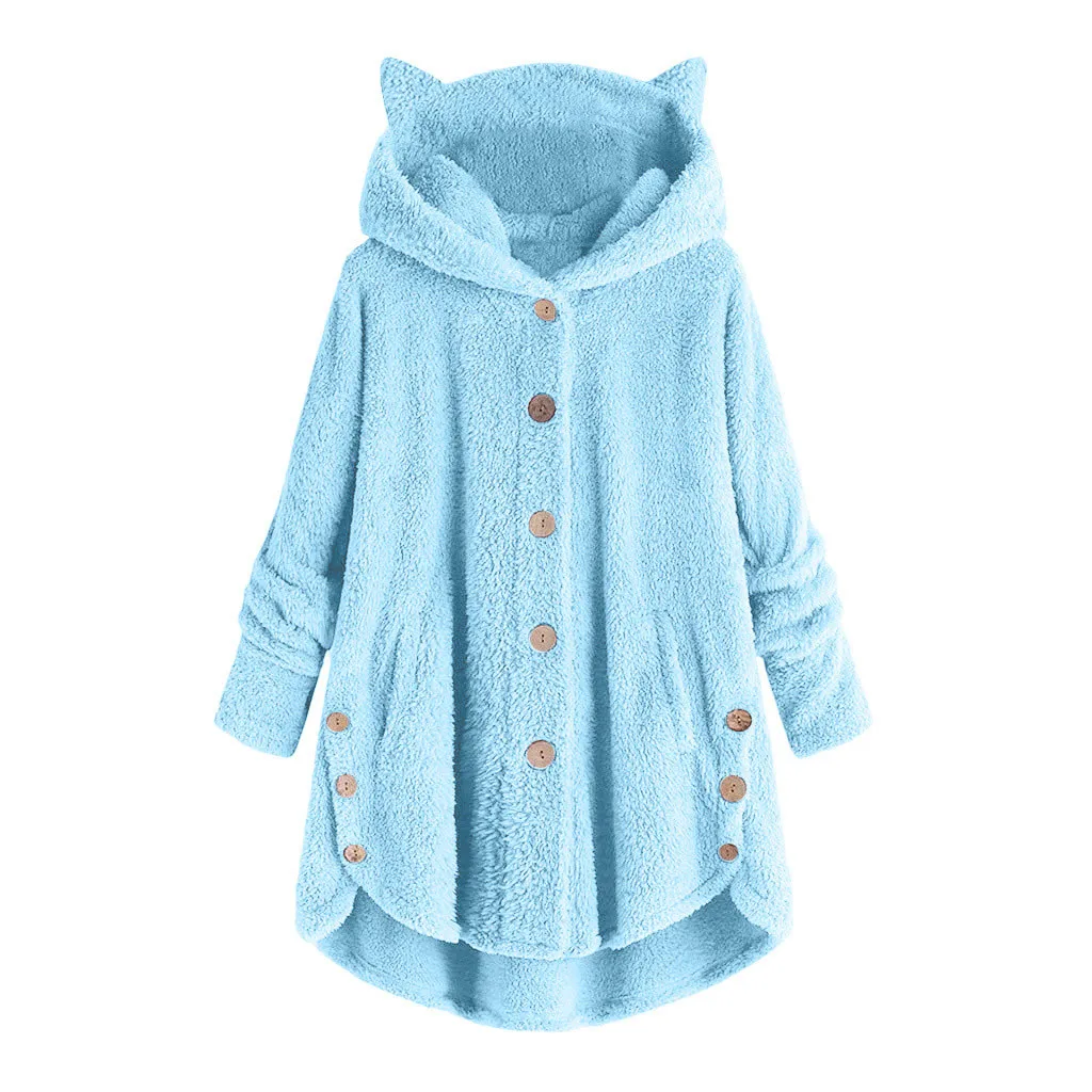 Blue Зимние теплые женские толстовки с капюшоном, флисовая толстовка, пальто на пуговицах, однотонные топы, пуловер с капюшоном, большие размеры, толстовка с капюшоном, Женская плюшевая Толстовка - Цвет: Blue