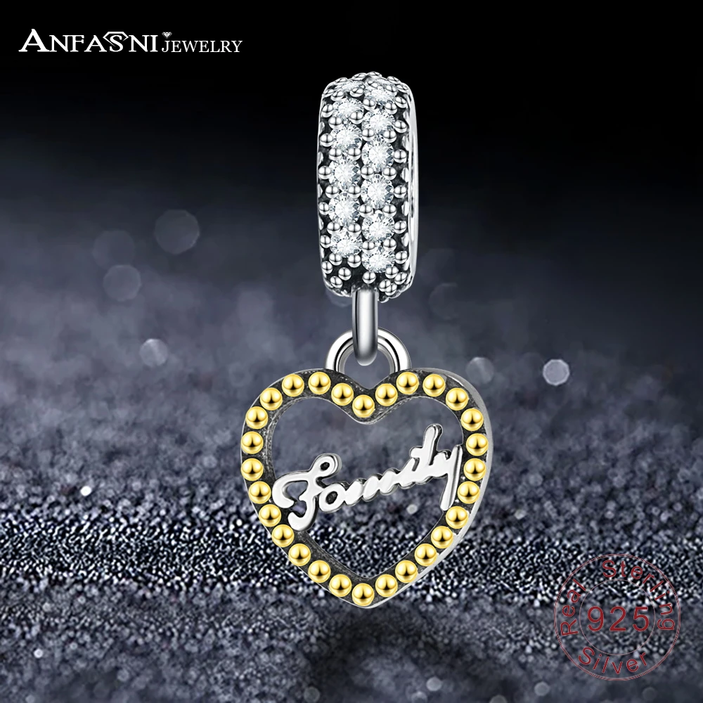 

ANFASNI New 925 Sterling Silver AAA CZ Heart Family Pendant Charms Fit Original Brand Charm Bracelet Necklaces Silver Jewelry