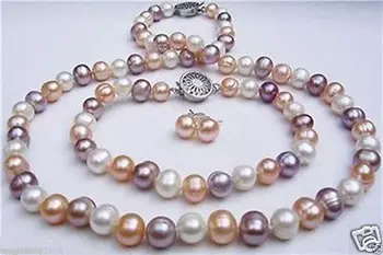 

7-8mm white pink purple freshwater pearl necklace + bracelet +earrin 7.5 inch