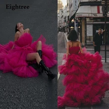 

New Red Ball GownsTiered Reffles Prom Dresses Detachable Long Train Bow Sleeveless Tulle Formal Party Evening Dress Vestidos