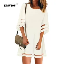 ELSVIO 5XL Для женщин сетчатыми вставками, шифоновая блуза с рукавами-клеш платье леди сексуальные летние свободные Мини Вечерние платья Элегантные повседневные пляжные платья