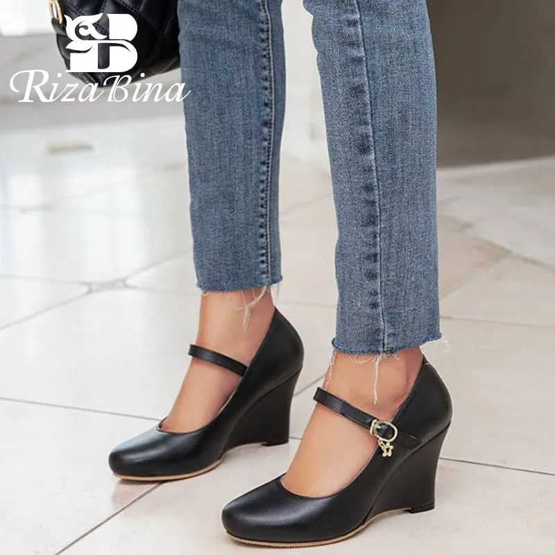 

RIZABINA New Women Pumps Round Toe Buckle Wedge Heel Metal Decoration Solid Color Pu Leather Female Footwear Plus Size 34-45