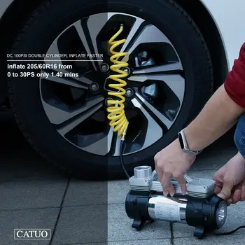 

CATUO Portable Double Cylinder Air Compressor Tire Inflator High Power 12V DC Pump to 100 Psi With LED Light Thermal Design