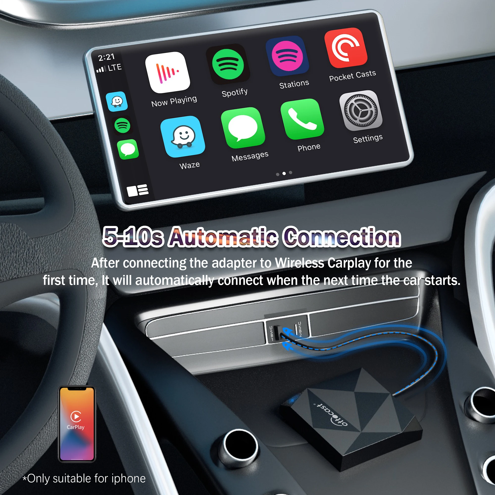 Ottocast U2-Air Wireless CarPlay Dongle for Original Multimedia Player Come  with Apple Wired Carplay Faster Lightweight Loading