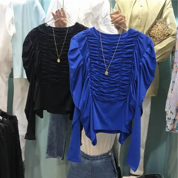 

Pleated Long-Sleeve Pullover Tshirt Women's Solid Color Shirts Spring and Autumn New Korean Casual T-shirt Tees Undershirts