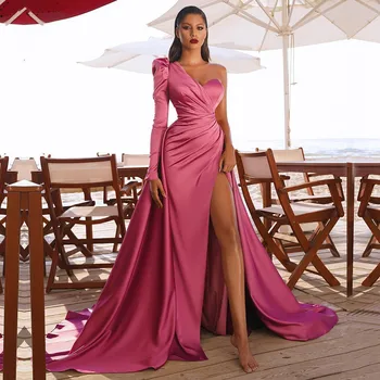 Prom Wedding Party Dresses Women Evening Elegant Sexy One Shoulder Backless Satin Pleated Side Split Loose Long Maxi Dress 2022 1