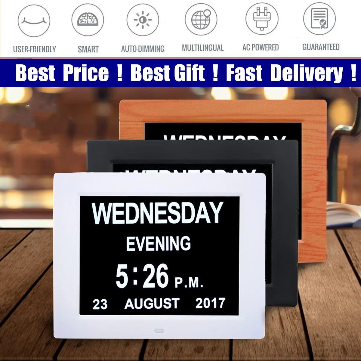 

Popular 8'' LED Dementia Digital Calendar Day/Week/Month/Year Clock Large Letter Gifts LCD Display Wall Clocks